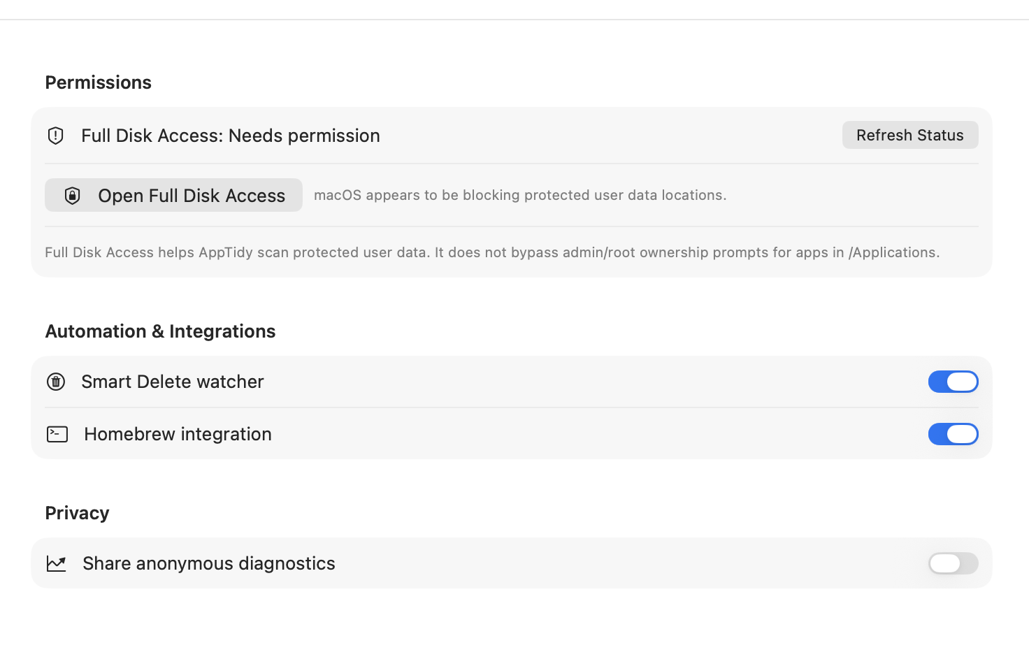 AppTidy settings with Full Disk Access, Smart Delete, and Homebrew integration