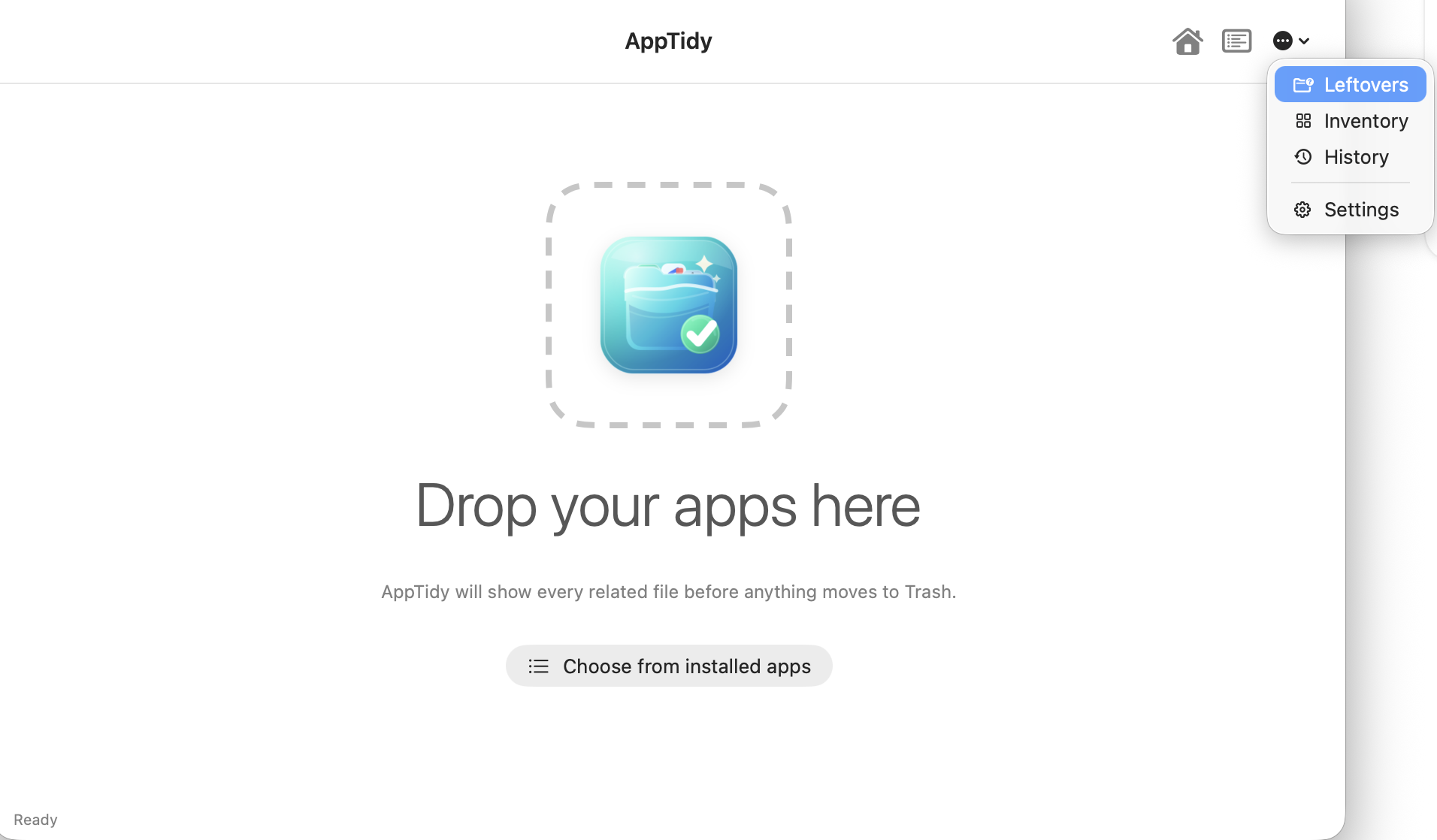 AppTidy advanced menu with Leftovers, Inventory, History, and Settings